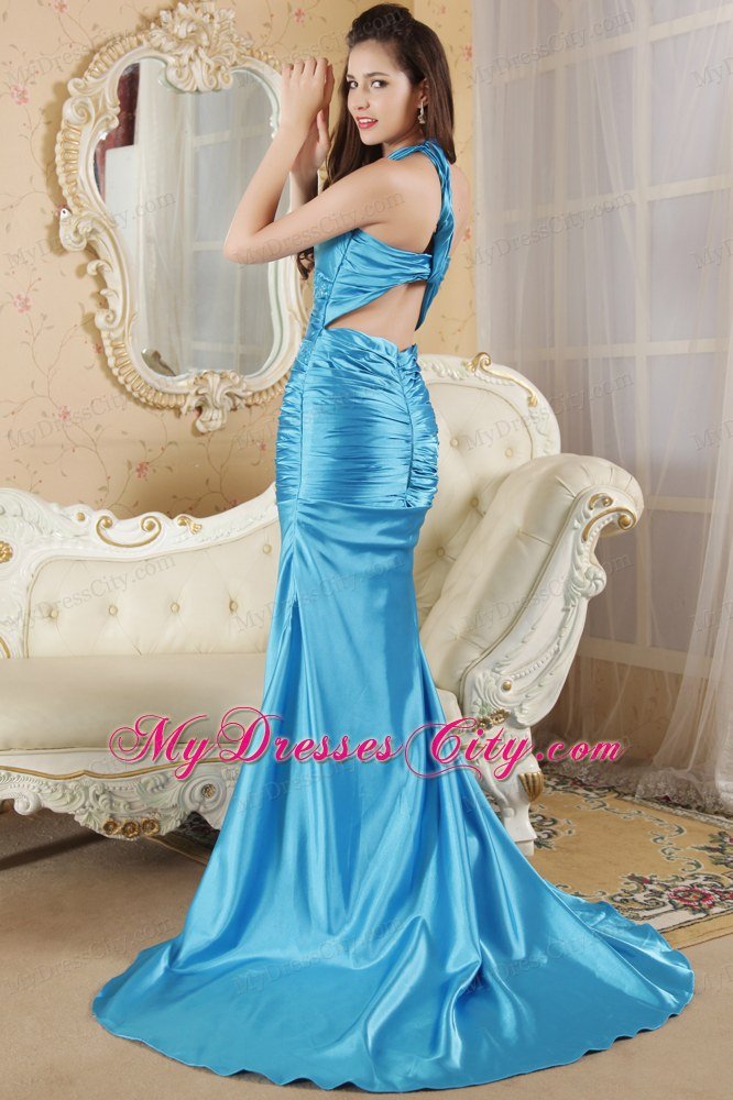 Halter Aqua Blue Column Prom Dress Sequins Brush Train Zipper-up