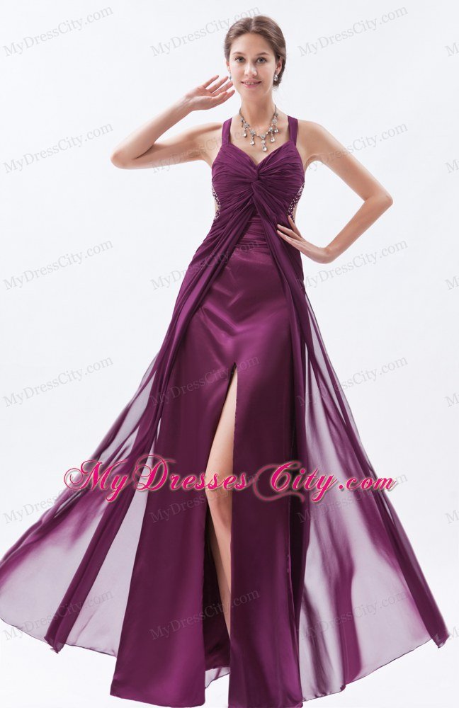 High-low Dark Straps Purple Sheath Prom Dress Chiffon Beading