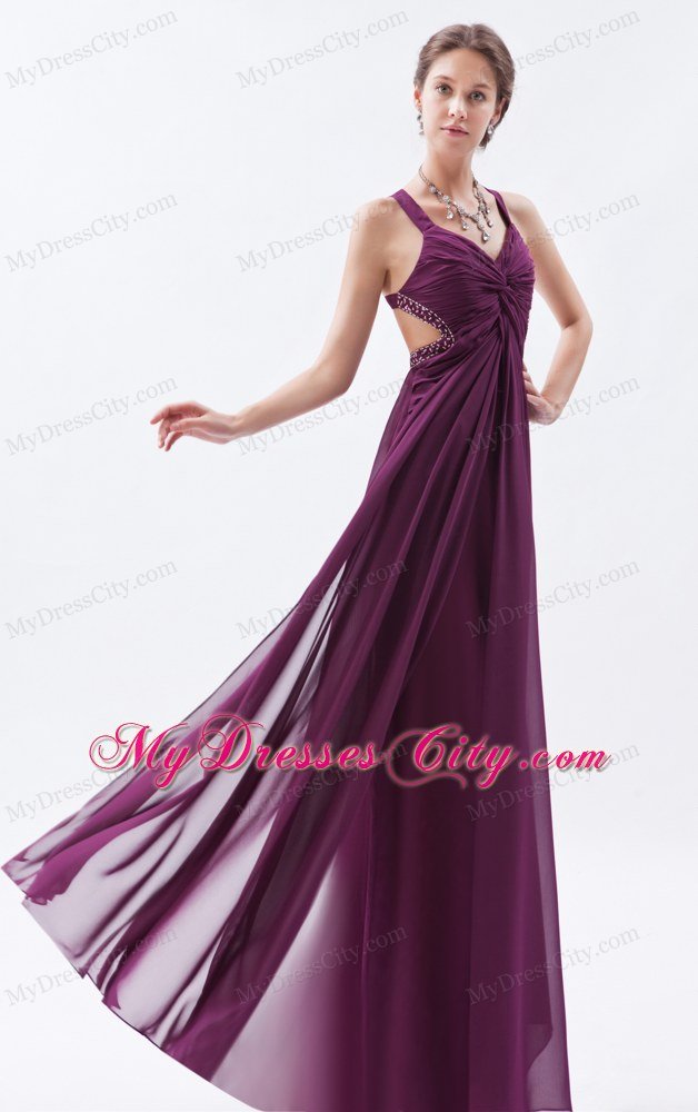 High-low Dark Straps Purple Sheath Prom Dress Chiffon Beading