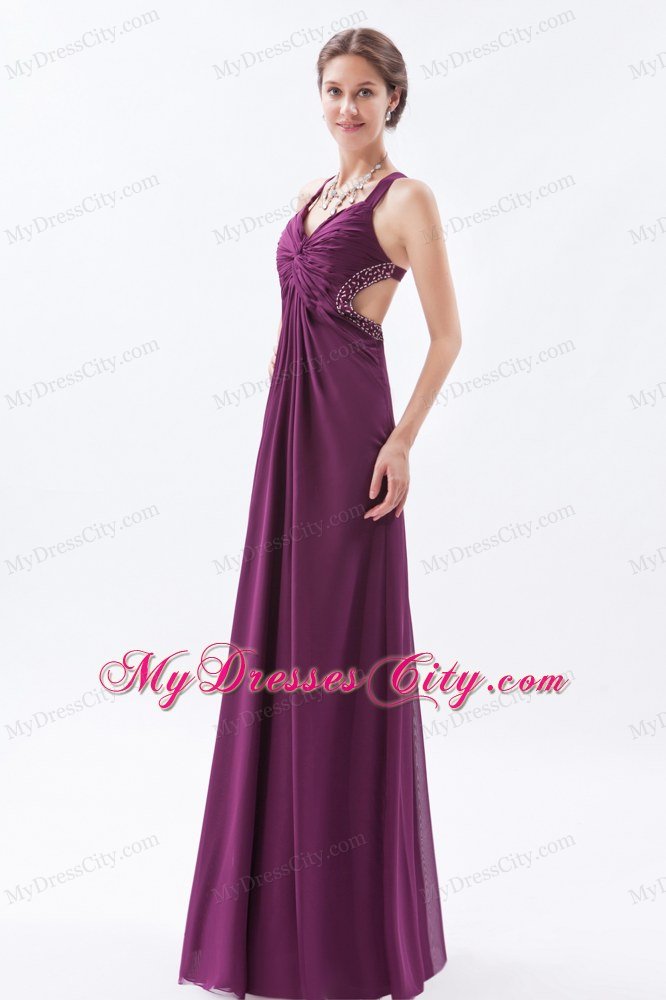 High-low Dark Straps Purple Sheath Prom Dress Chiffon Beading