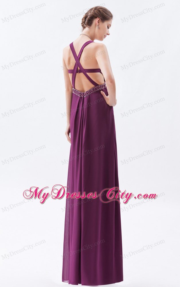 High-low Dark Straps Purple Sheath Prom Dress Chiffon Beading