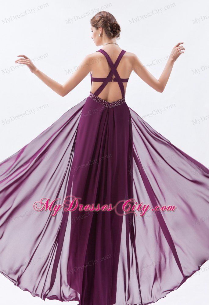 High-low Dark Straps Purple Sheath Prom Dress Chiffon Beading