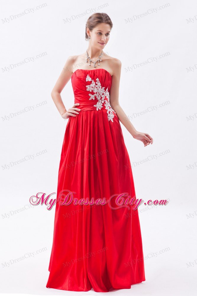 Appliques Red Column Strapless Prom Dress Taffeta Floor-length