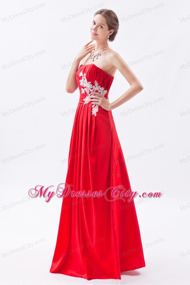 Appliques Red Column Strapless Prom Dress Taffeta Floor-length