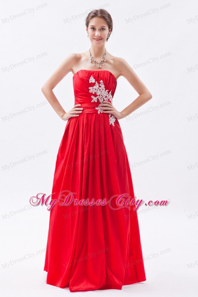 Appliques Red Column Strapless Prom Dress Taffeta Floor-length