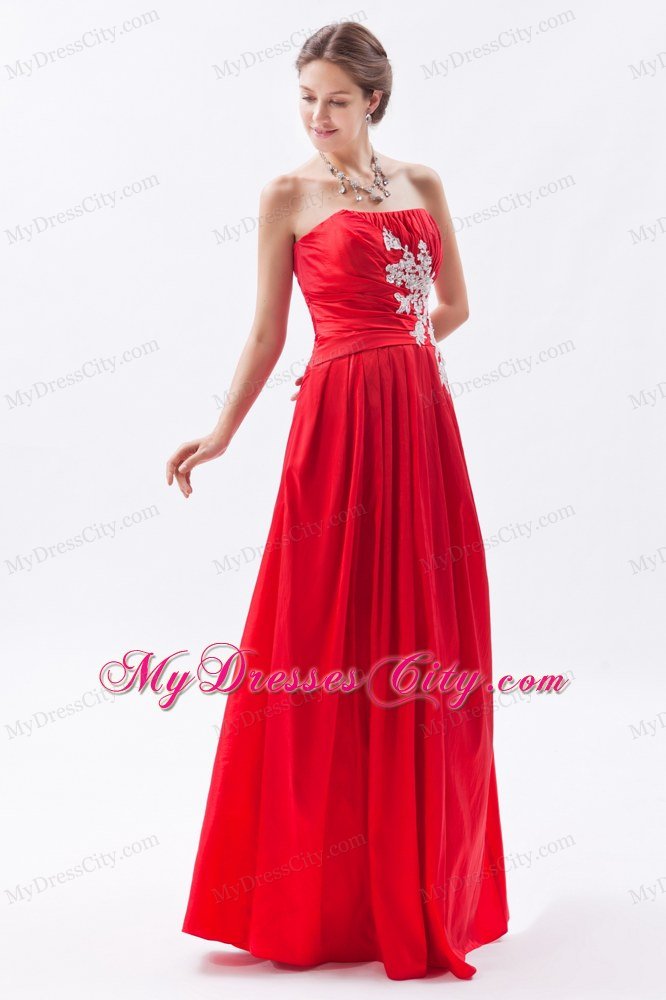 Appliques Red Column Strapless Prom Dress Taffeta Floor-length