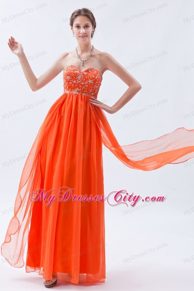 Chiffon Beading Orange Red Empire Sweetheart Long Prom Dress