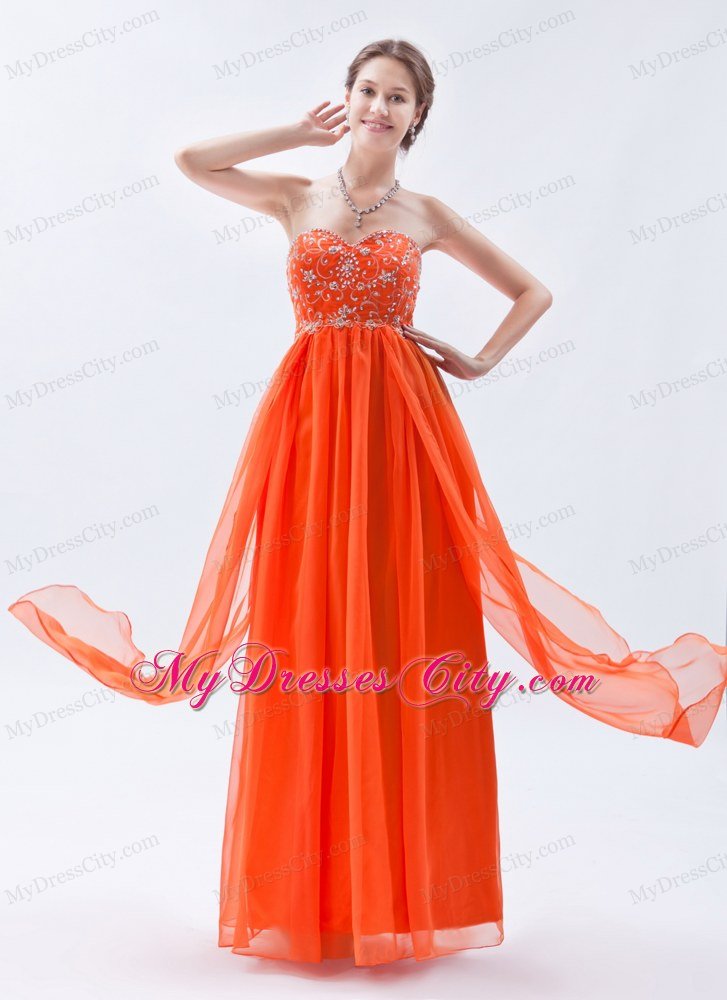 Chiffon Beading Orange Red Empire Sweetheart Long Prom Dress