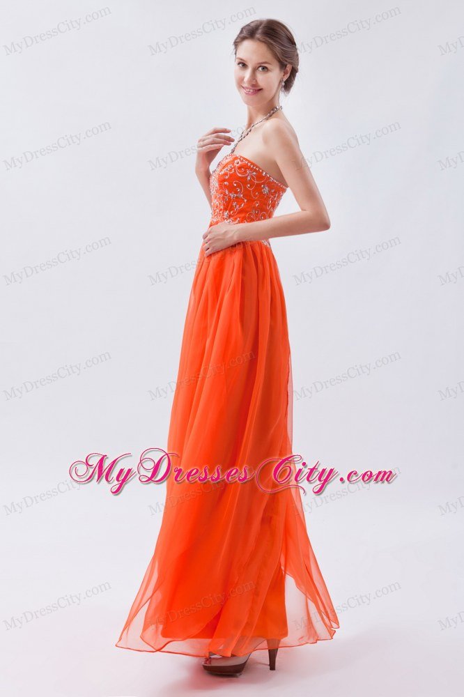 Chiffon Beading Orange Red Empire Sweetheart Long Prom Dress