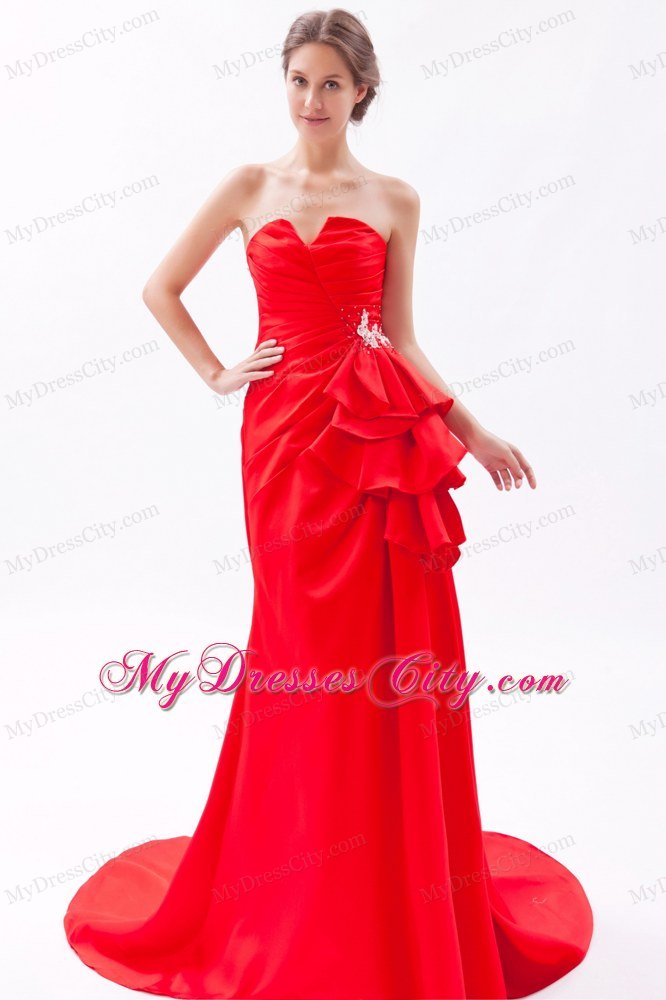 Red A-line Strapless with Brush Train Prom Dress Satin Beading