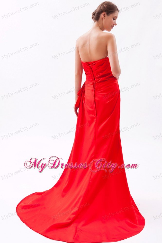 Red A-line Strapless with Brush Train Prom Dress Satin Beading