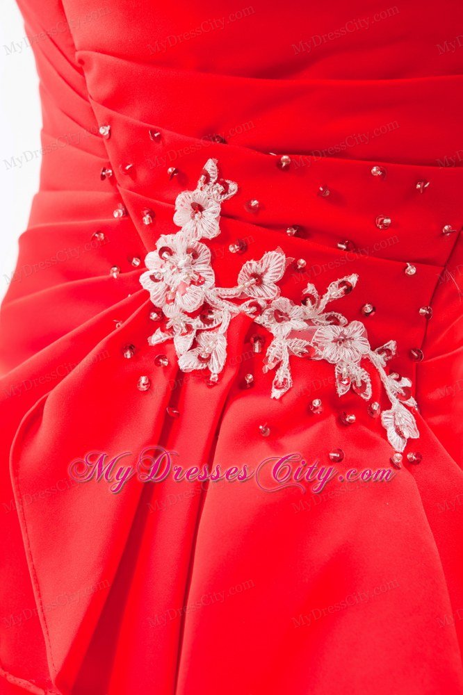 Red A-line Strapless with Brush Train Prom Dress Satin Beading