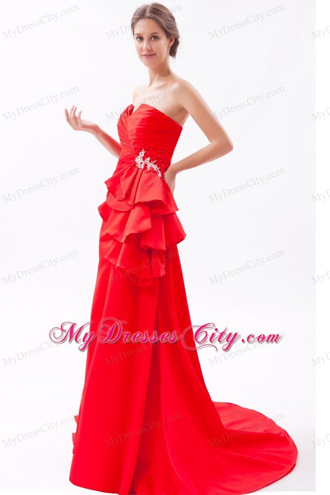 Red A-line Strapless with Brush Train Prom Dress Satin Beading