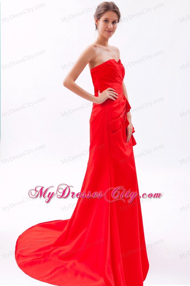 Red A-line Strapless with Brush Train Prom Dress Satin Beading