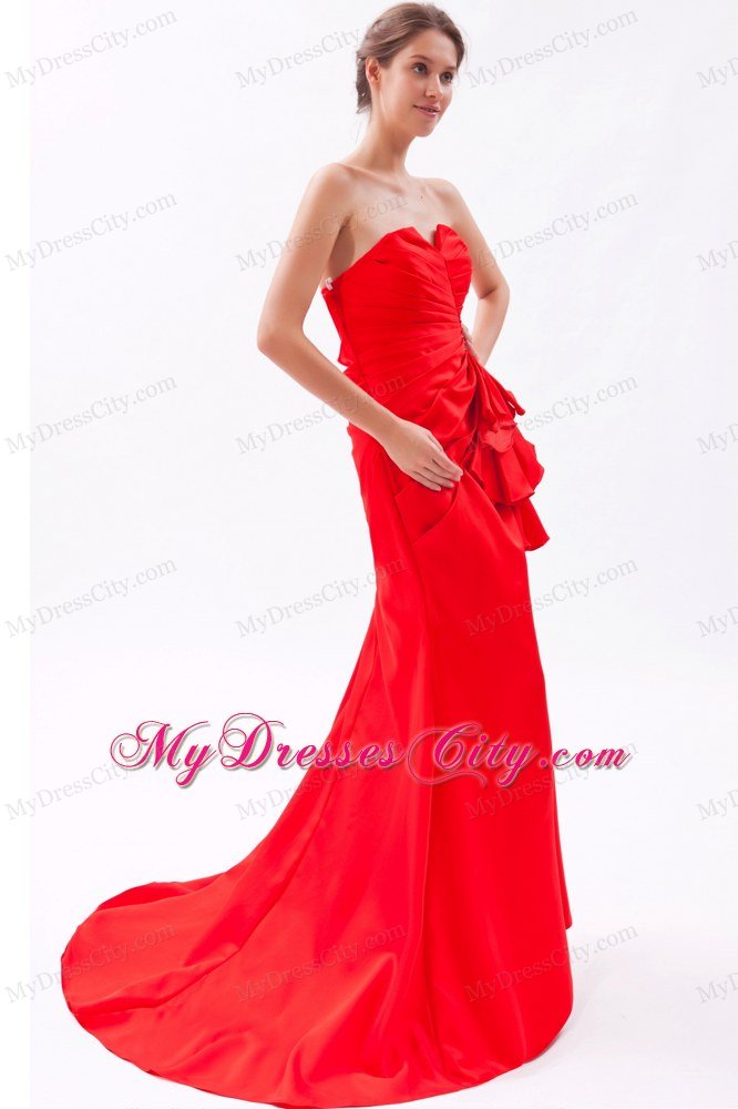 Red A-line Strapless with Brush Train Prom Dress Satin Beading