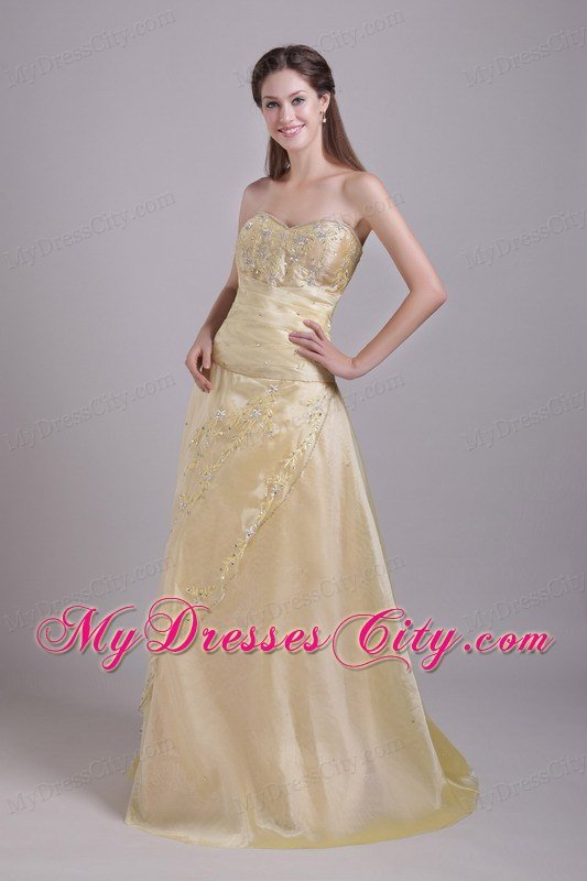 Champagne A-Line with Beading and Appliques Brush Prom Dress