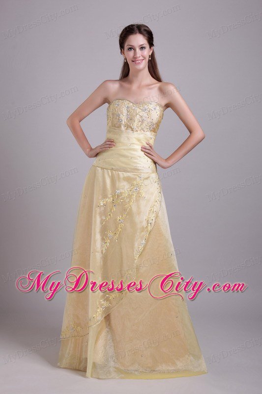 Champagne A-Line with Beading and Appliques Brush Prom Dress