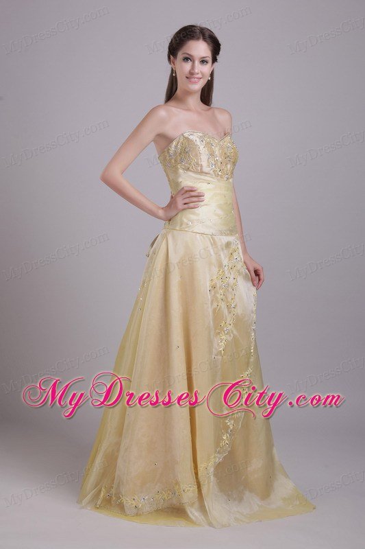 Champagne A-Line with Beading and Appliques Brush Prom Dress