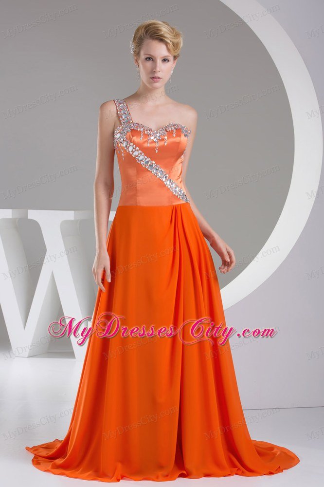 Beaded One Shoulder Orange Red Prom Dress Long Empire