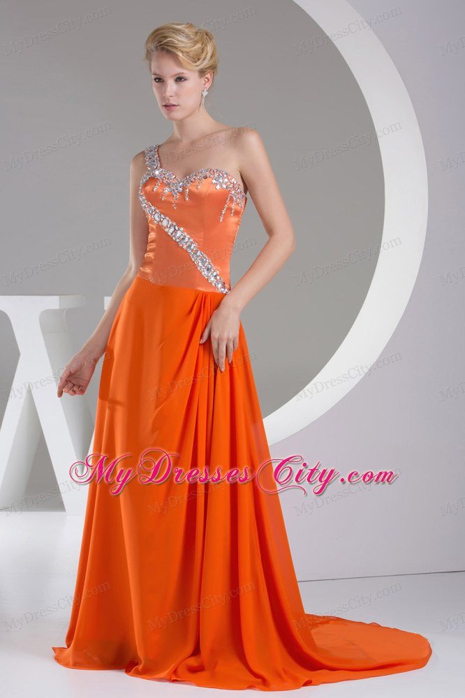 Beaded One Shoulder Orange Red Prom Dress Long Empire