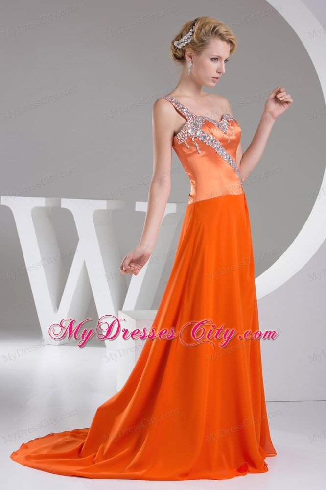 Beaded One Shoulder Orange Red Prom Dress Long Empire