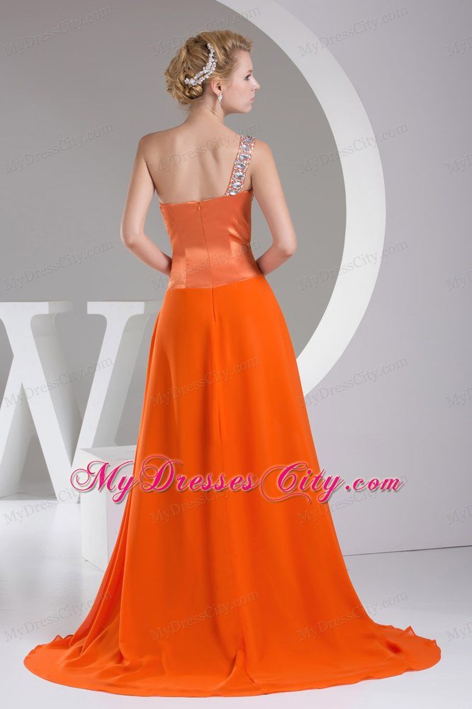 Beaded One Shoulder Orange Red Prom Dress Long Empire