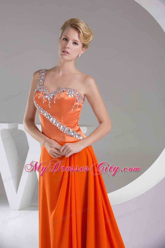 Beaded One Shoulder Orange Red Prom Dress Long Empire