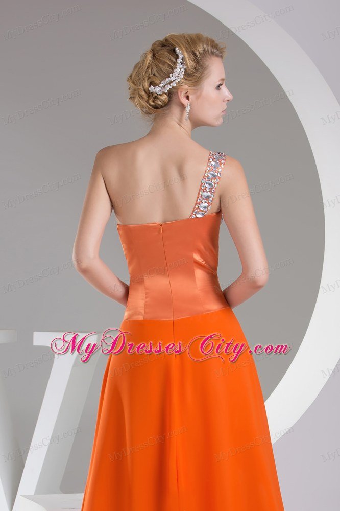 Beaded One Shoulder Orange Red Prom Dress Long Empire