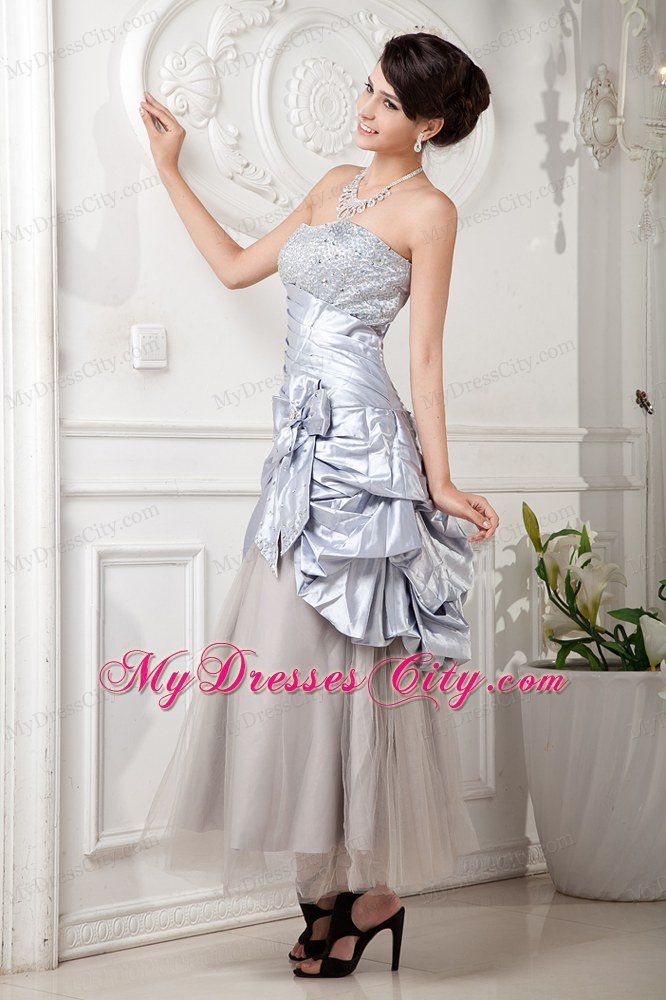 Ankle-length Lilac Column Strapless Beaded Prom Dress Hand Flower