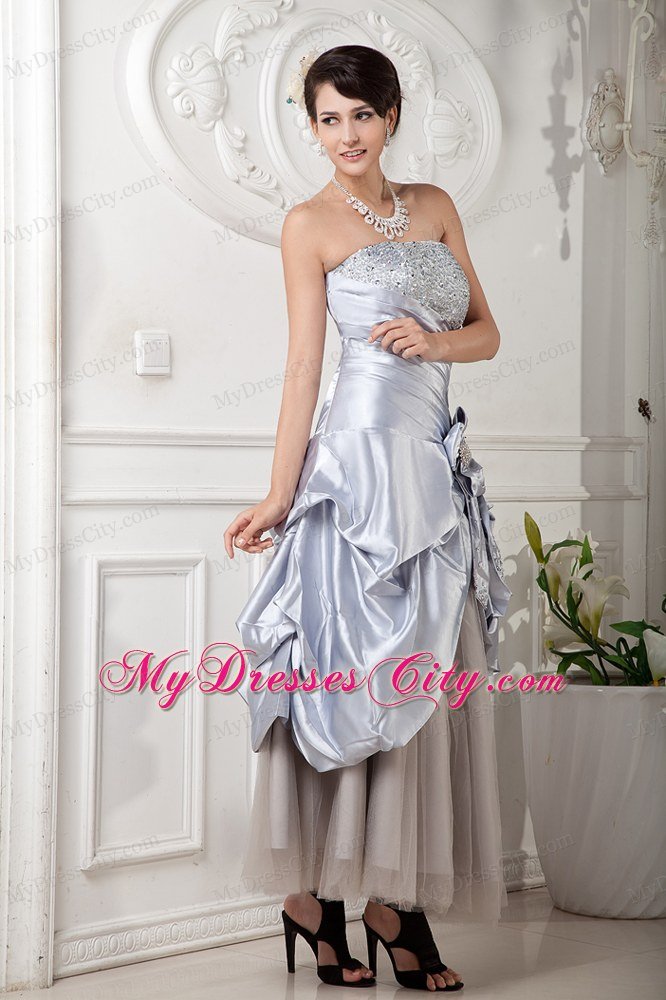 Ankle-length Lilac Column Strapless Beaded Prom Dress Hand Flower