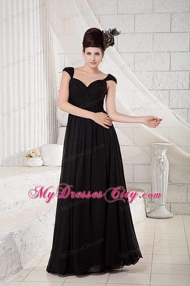 Black Empire V-neck Chiffon Beading Floor-length with Cap Sleeves