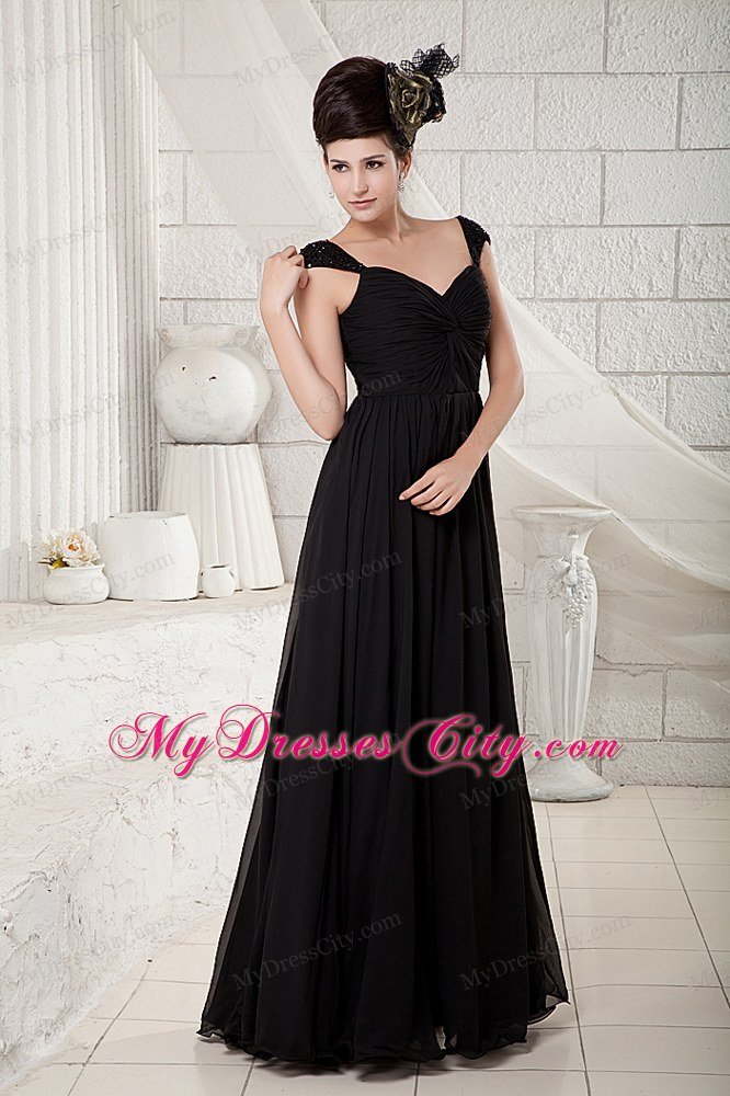 Black Empire V-neck Chiffon Beading Floor-length with Cap Sleeves