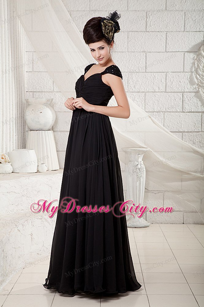 Black Empire V-neck Chiffon Beading Floor-length with Cap Sleeves