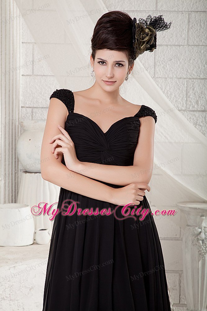 Black Empire V-neck Chiffon Beading Floor-length with Cap Sleeves