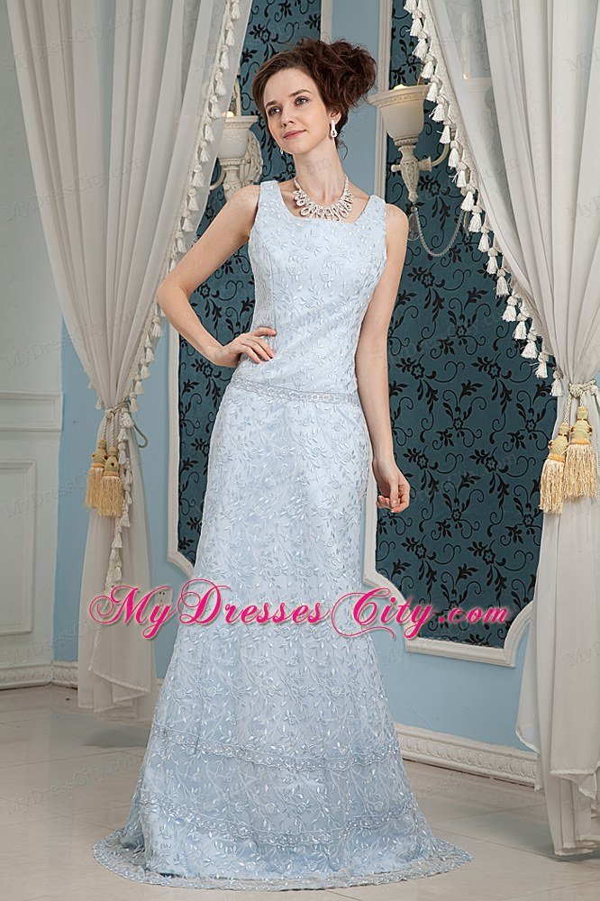 Light Blue Lace Square Neckline Prom Dress with Brush Train