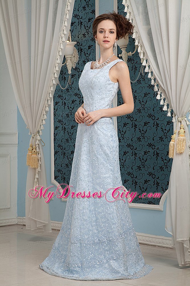 Light Blue Lace Square Neckline Prom Dress with Brush Train