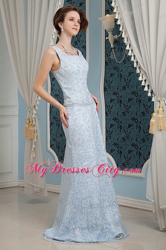 Light Blue Lace Square Neckline Prom Dress with Brush Train