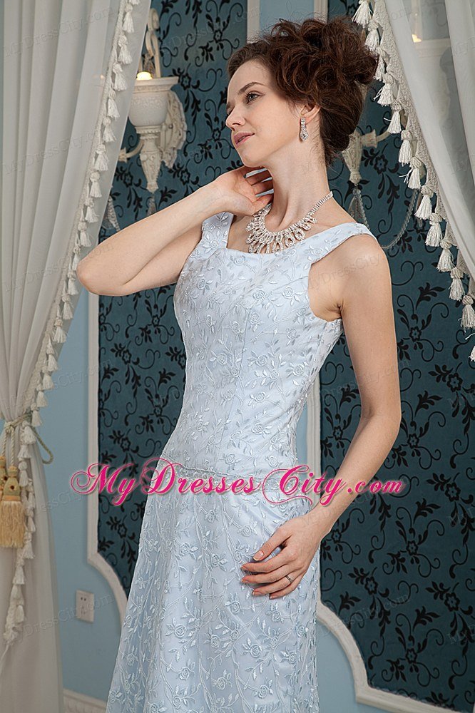 Light Blue Lace Square Neckline Prom Dress with Brush Train