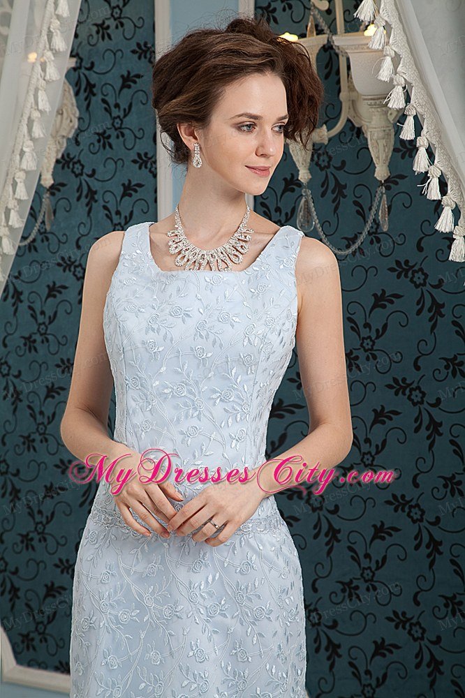 Light Blue Lace Square Neckline Prom Dress with Brush Train