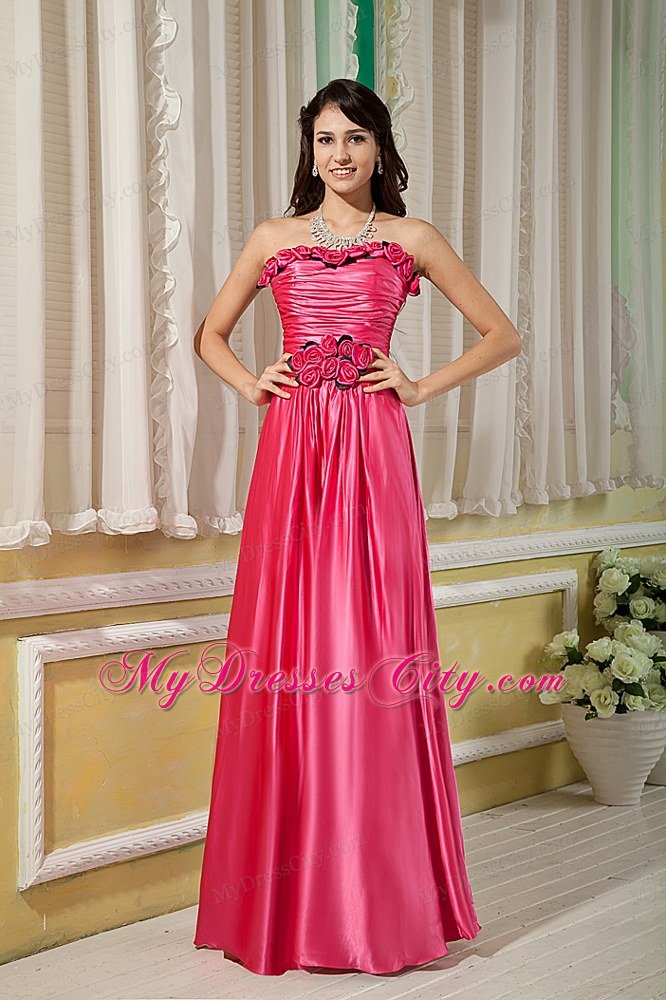 Empire Strapless Prom Dress Hot Pink Hand Flowers Floor-length