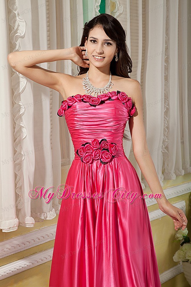 Empire Strapless Prom Dress Hot Pink Hand Flowers Floor-length