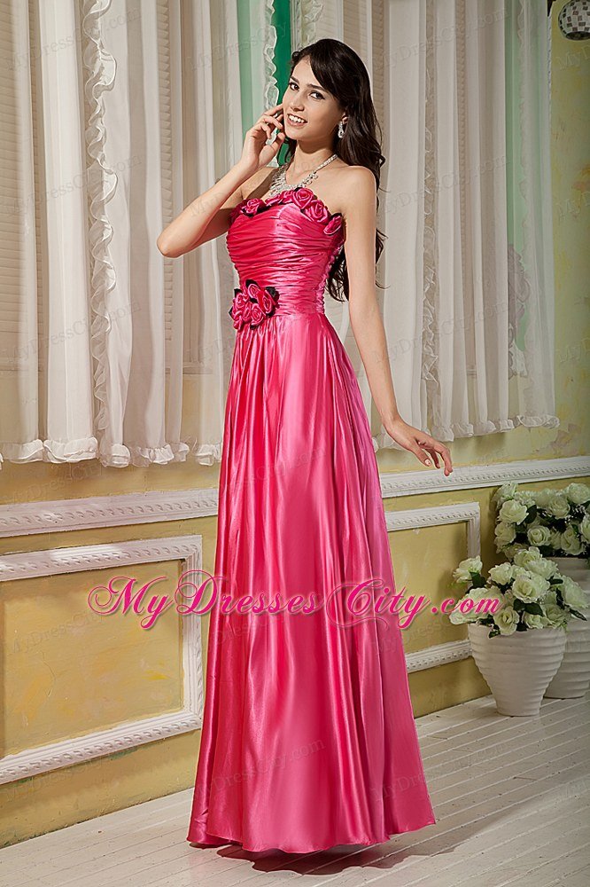 Empire Strapless Prom Dress Hot Pink Hand Flowers Floor-length