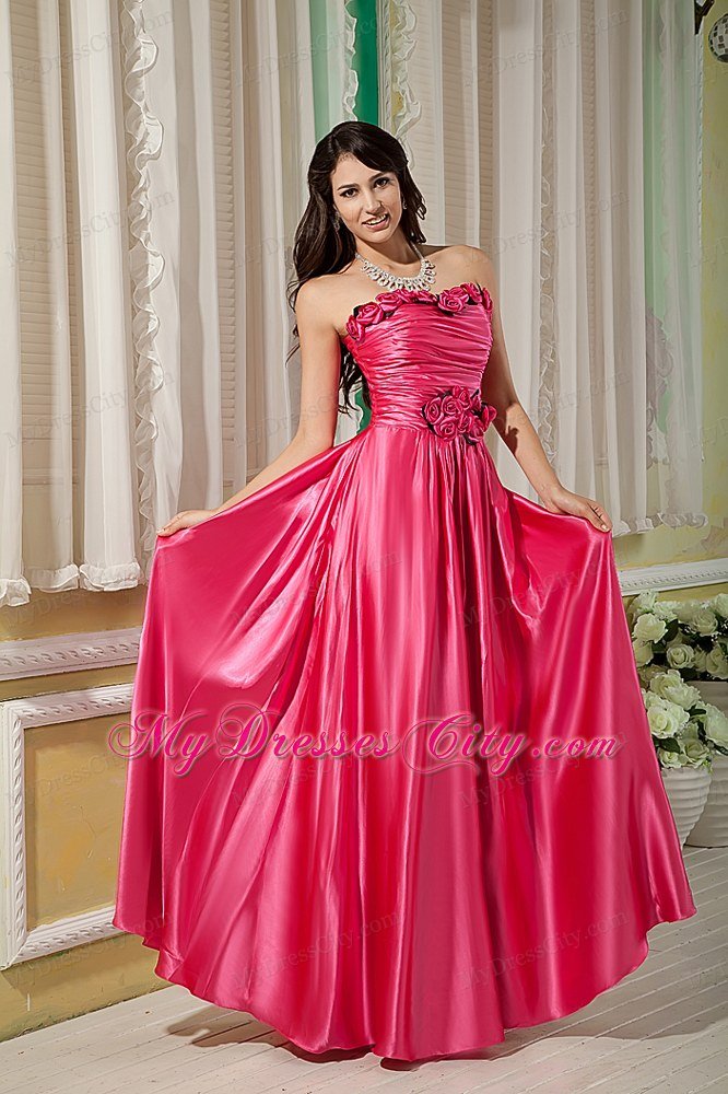 Empire Strapless Prom Dress Hot Pink Hand Flowers Floor-length