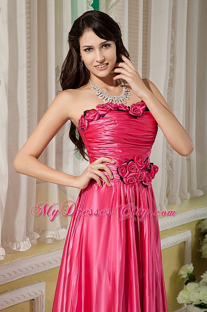 Empire Strapless Prom Dress Hot Pink Hand Flowers Floor-length