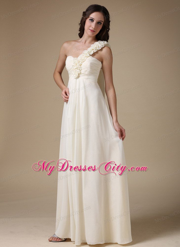 White One Shoulder Empire Prom Chiffon Hand Flowers Floor-length