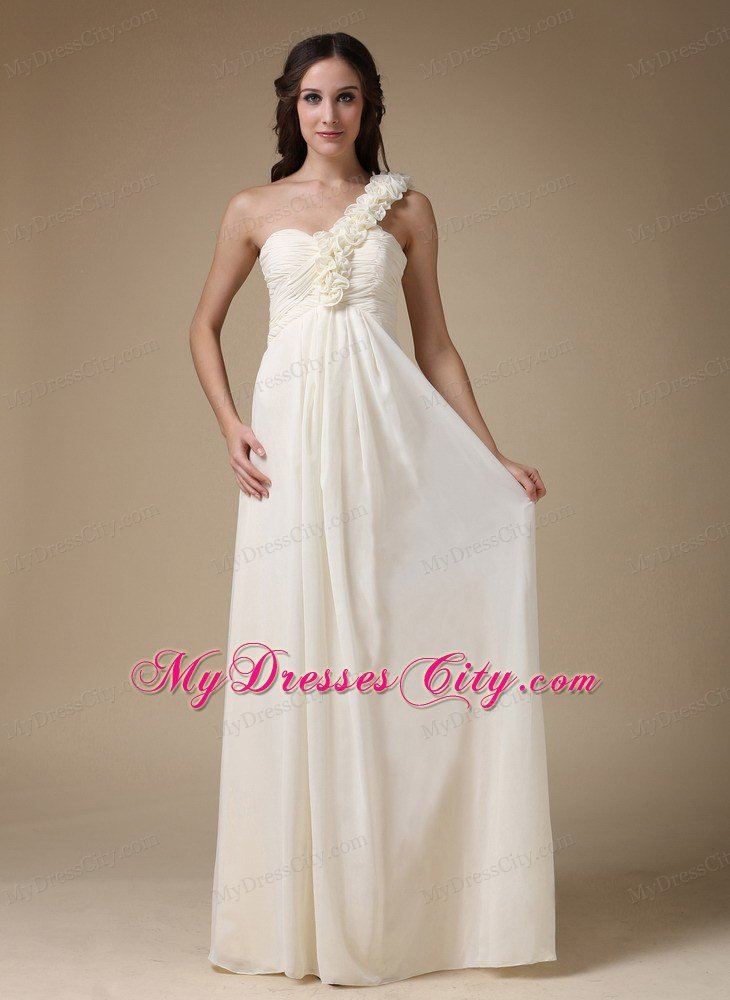 White One Shoulder Empire Prom Chiffon Hand Flowers Floor-length