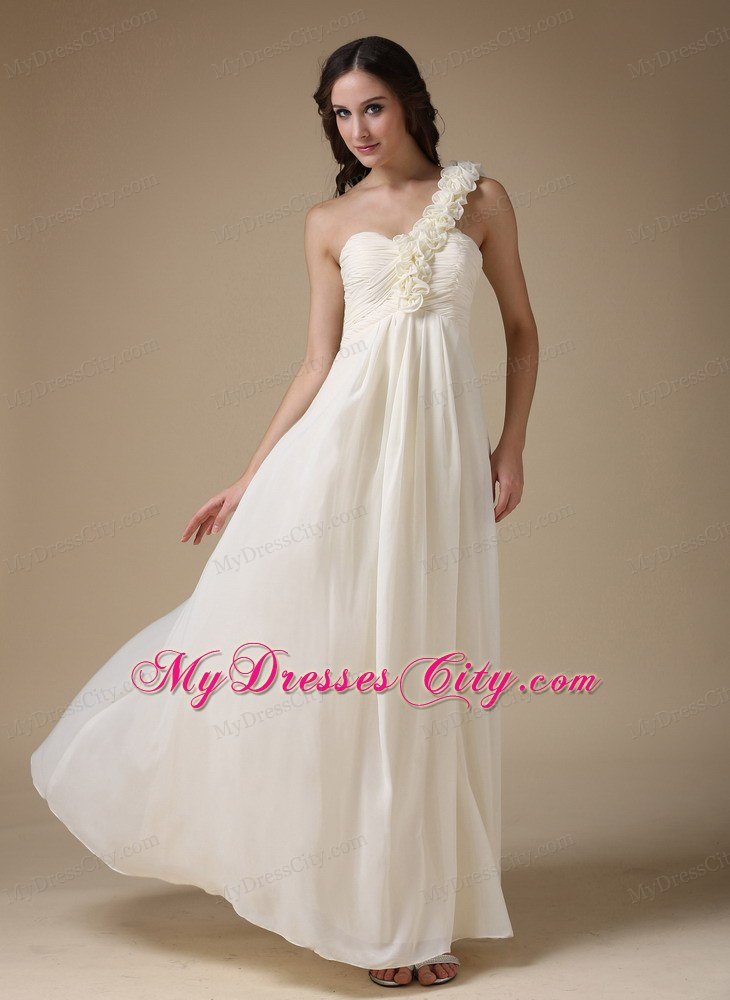 White One Shoulder Empire Prom Chiffon Hand Flowers Floor-length