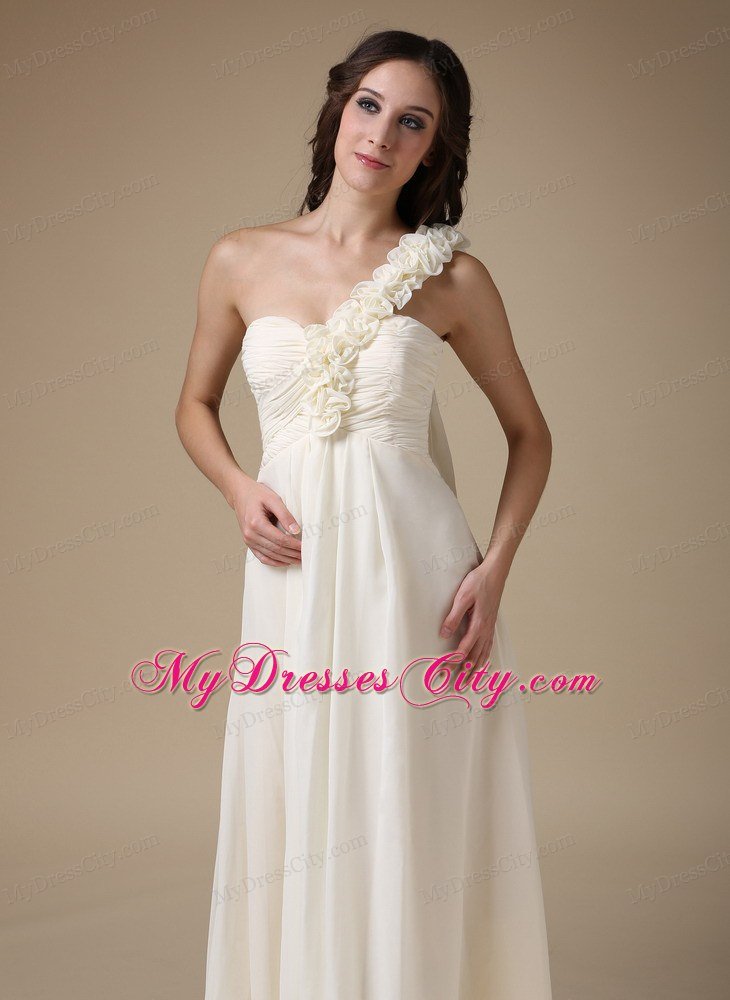 White One Shoulder Empire Prom Chiffon Hand Flowers Floor-length