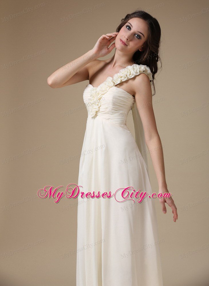 White One Shoulder Empire Prom Chiffon Hand Flowers Floor-length