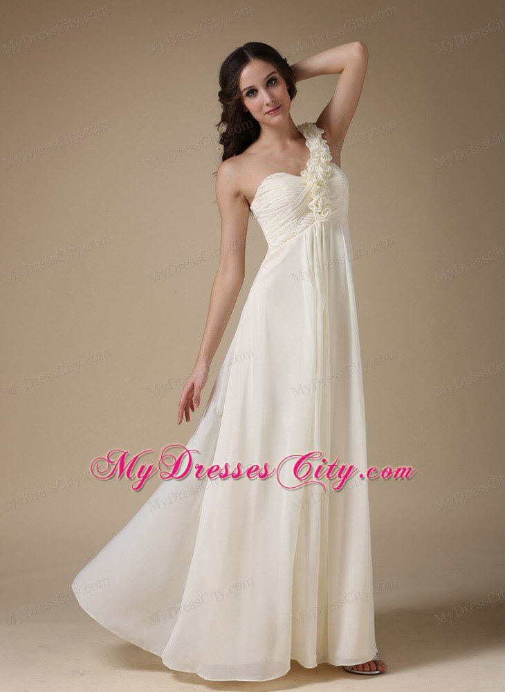 White One Shoulder Empire Prom Chiffon Hand Flowers Floor-length